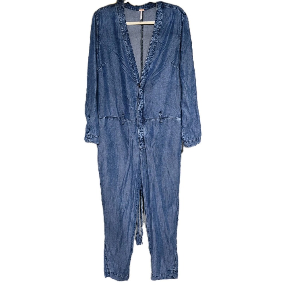 Free People Lou Imperial Blue Denim Jumpsuit Womens Size 8 High Rise One Piece